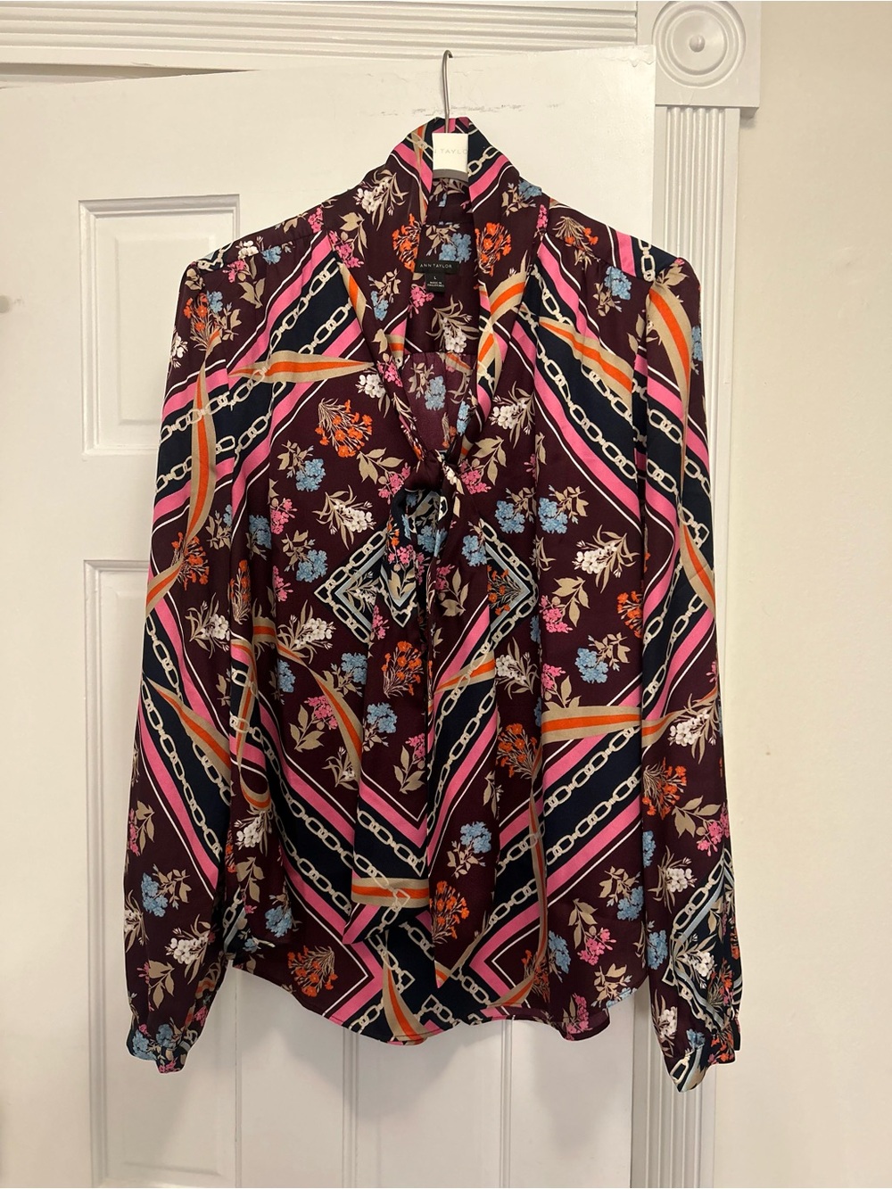 Ann Taylor Burgundy Floral & Chain-Print Tie-Neck Blouse